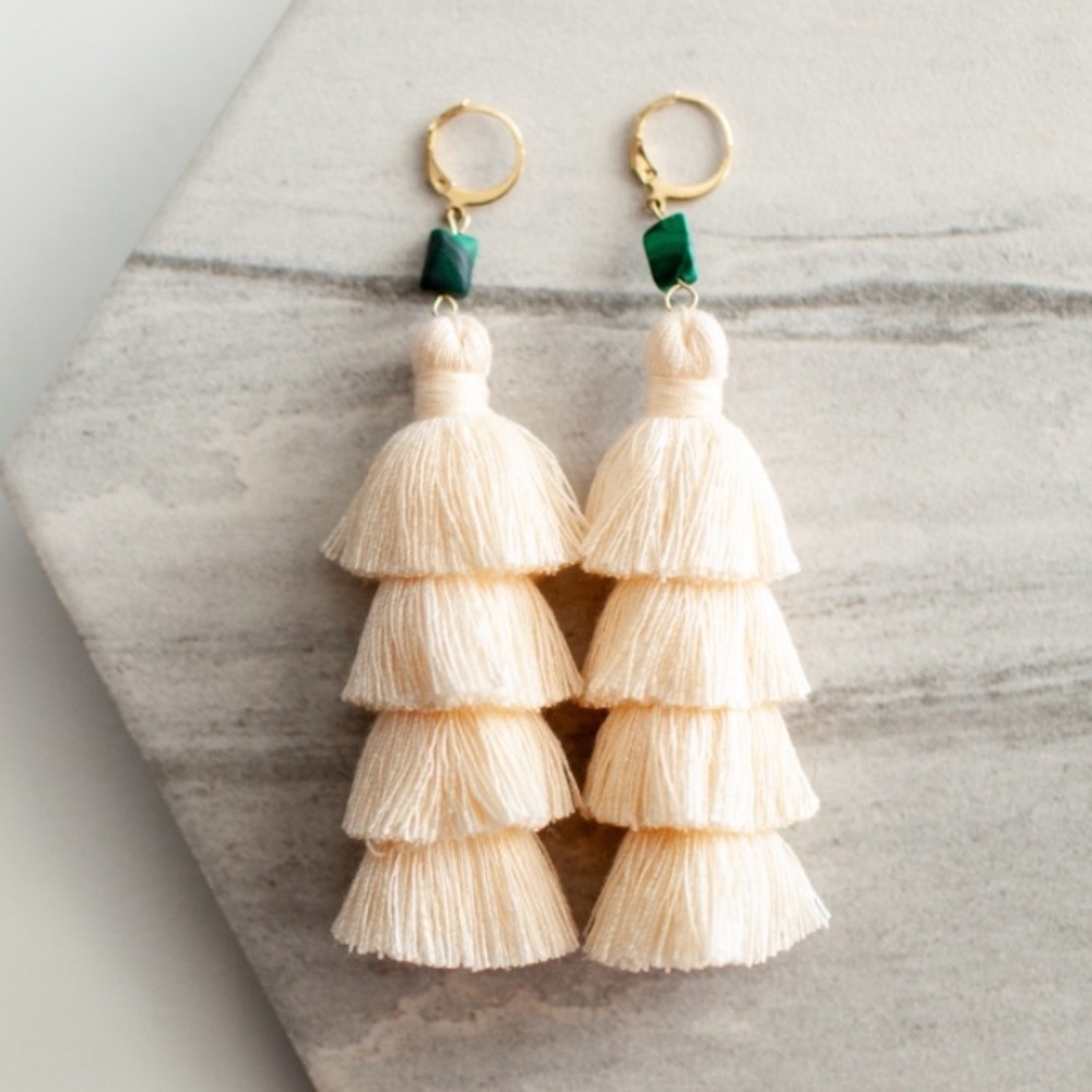 Cha cha cream tassel dangle earrings handmade